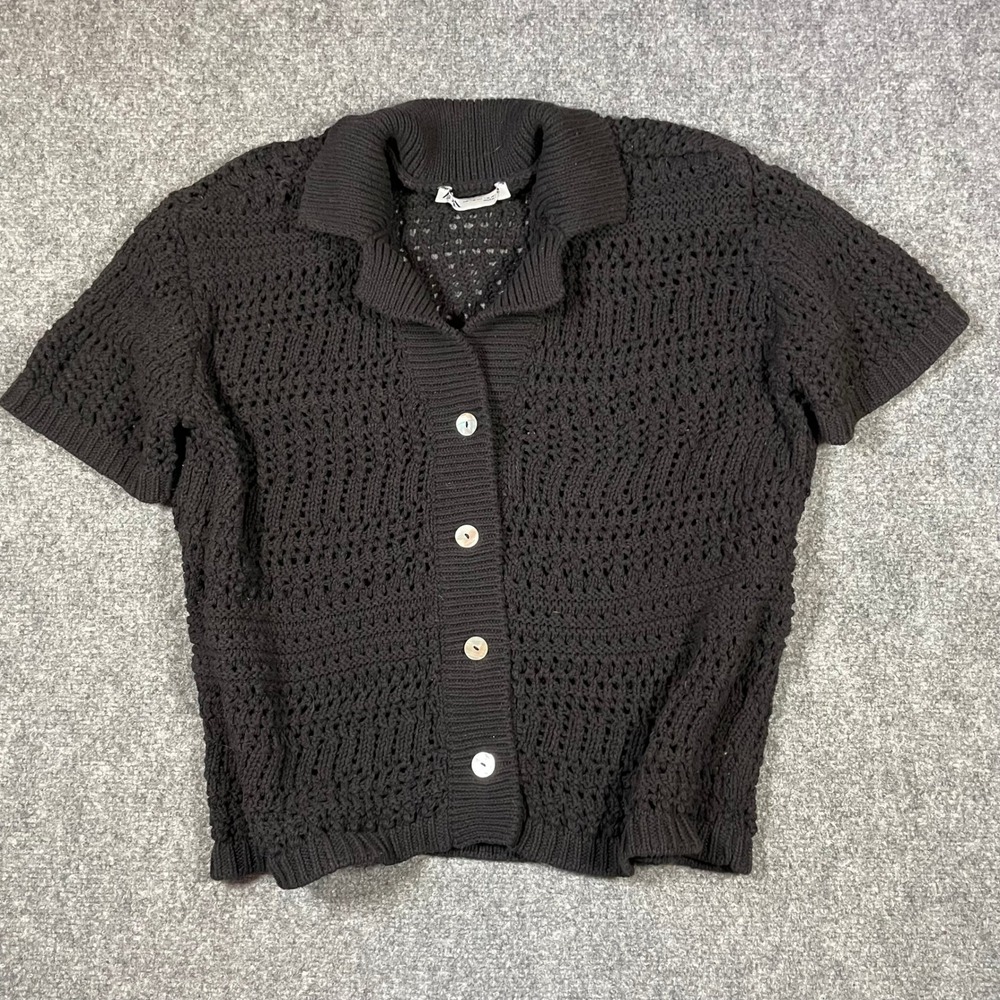 Zara Cardigan Women S-M Black Open Crochet Knit Short Sleeve Button Front Collar
